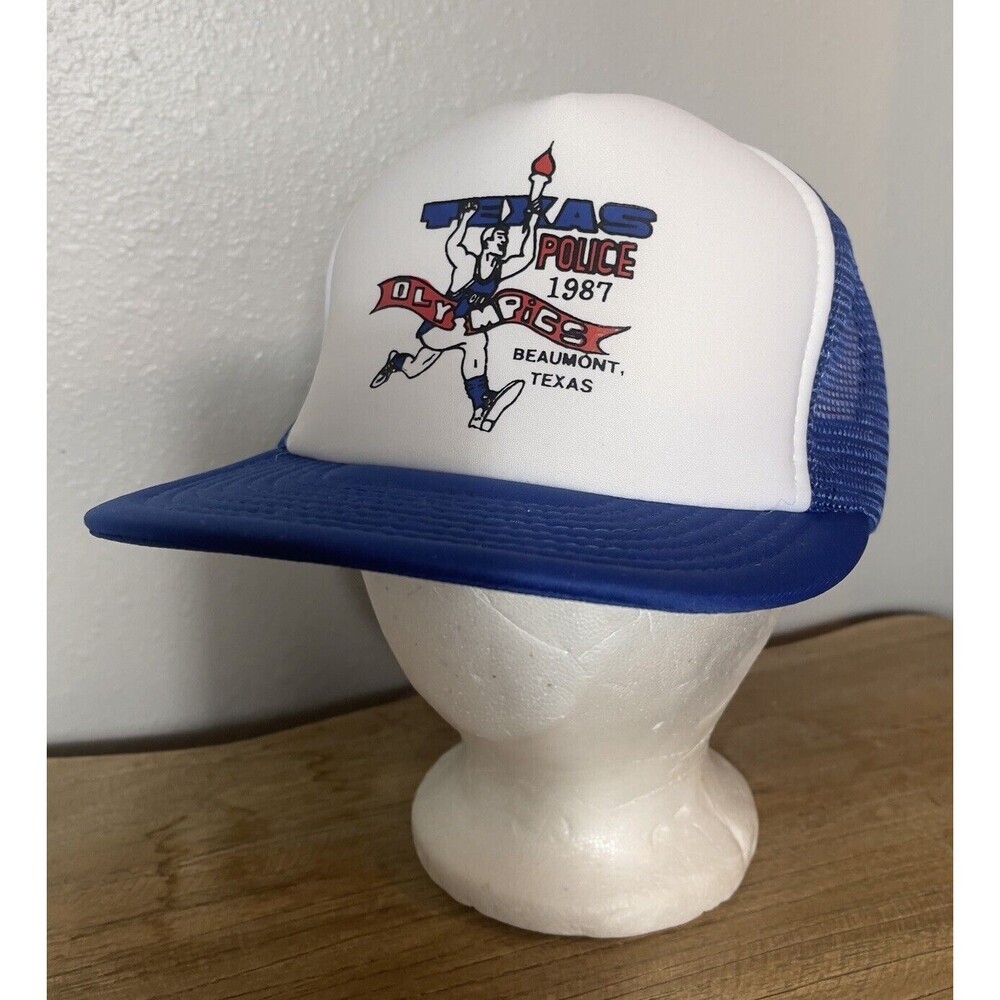 Speedway SnapBack Hat Mesh Texas Police Olympics Gold 1987 Beaumont Clean Blue
